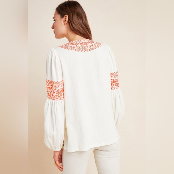 Maeve By Anthropologie Embroidered Cream and Pink Women's Top - Picture 3 of 13